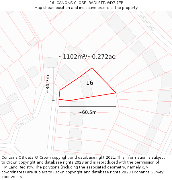 16, CANONS CLOSE, RADLETT, WD7 7ER: Plot and title map