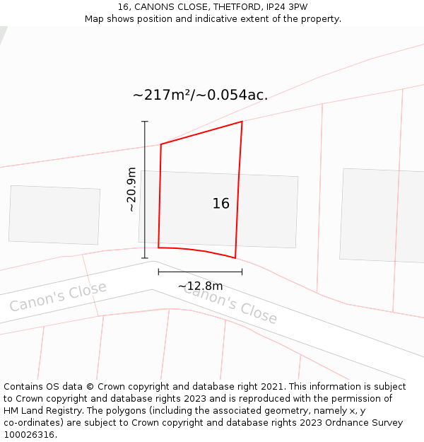 16, CANONS CLOSE, THETFORD, IP24 3PW: Plot and title map