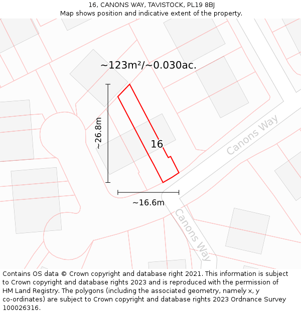 16, CANONS WAY, TAVISTOCK, PL19 8BJ: Plot and title map