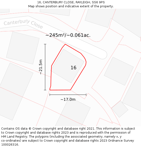 16, CANTERBURY CLOSE, RAYLEIGH, SS6 9PS: Plot and title map