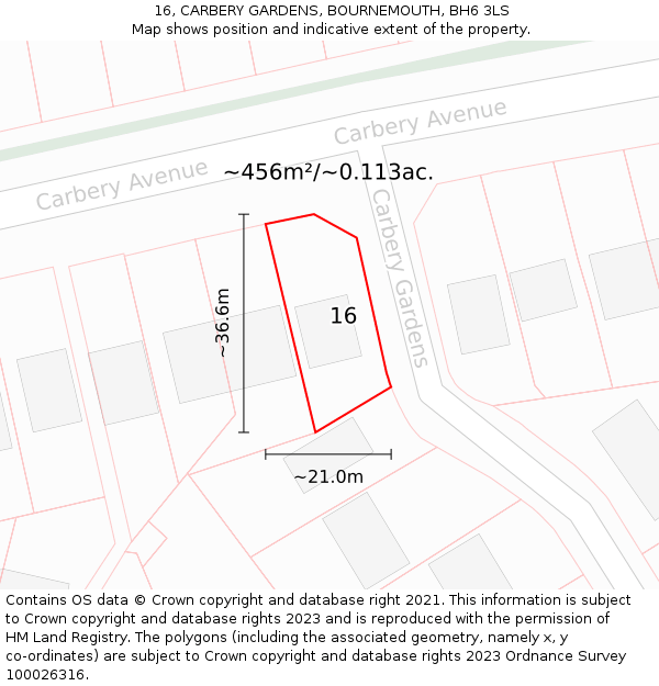 16, CARBERY GARDENS, BOURNEMOUTH, BH6 3LS: Plot and title map