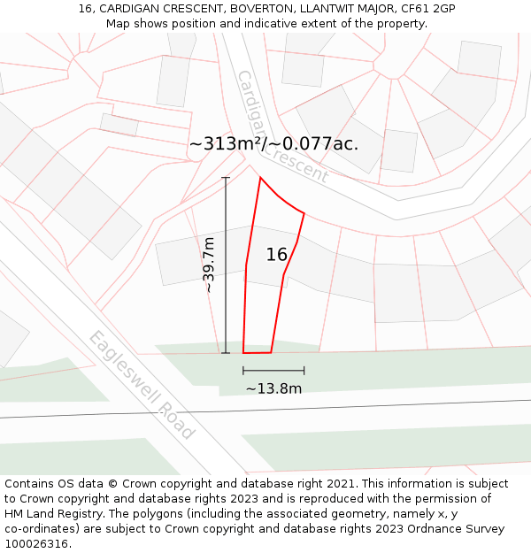 16, CARDIGAN CRESCENT, BOVERTON, LLANTWIT MAJOR, CF61 2GP: Plot and title map