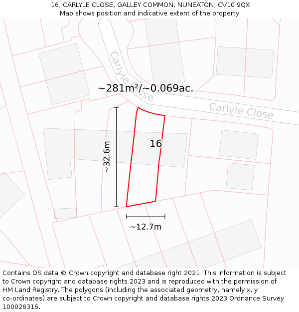 16, CARLYLE CLOSE, GALLEY COMMON, NUNEATON, CV10 9QX: Plot and title map