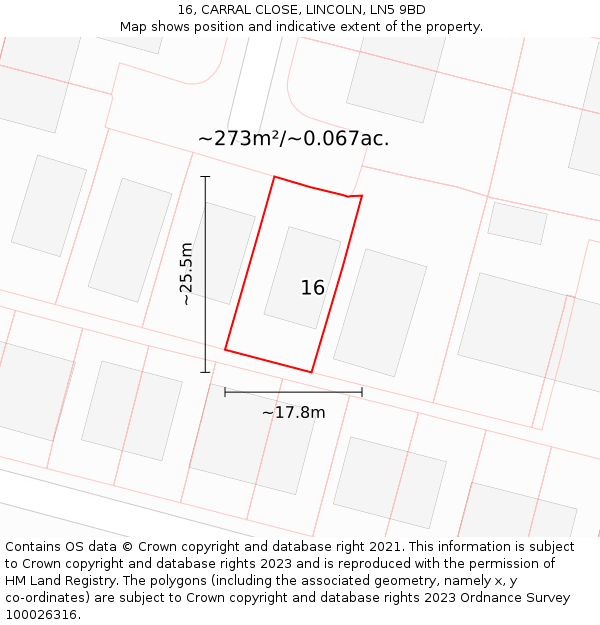 16, CARRAL CLOSE, LINCOLN, LN5 9BD: Plot and title map