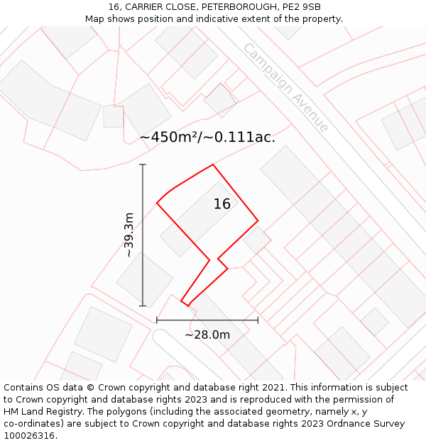 16, CARRIER CLOSE, PETERBOROUGH, PE2 9SB: Plot and title map
