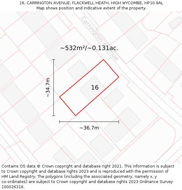 16, CARRINGTON AVENUE, FLACKWELL HEATH, HIGH WYCOMBE, HP10 9AL: Plot and title map