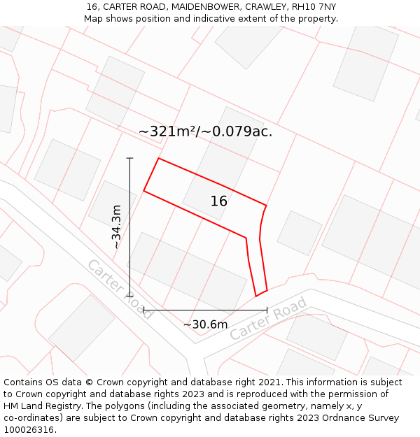 16, CARTER ROAD, MAIDENBOWER, CRAWLEY, RH10 7NY: Plot and title map