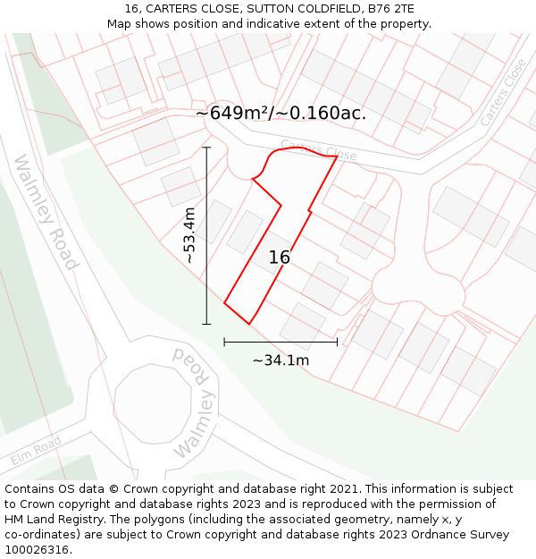 16, CARTERS CLOSE, SUTTON COLDFIELD, B76 2TE: Plot and title map