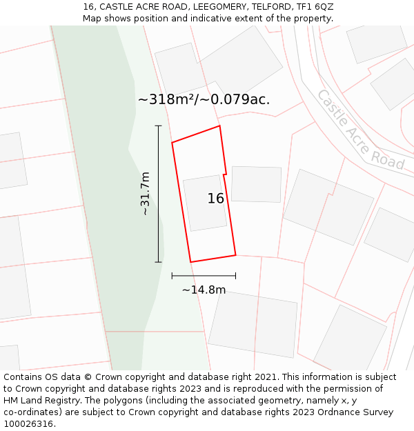 16, CASTLE ACRE ROAD, LEEGOMERY, TELFORD, TF1 6QZ: Plot and title map