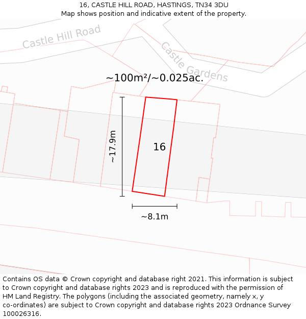 16, CASTLE HILL ROAD, HASTINGS, TN34 3DU: Plot and title map