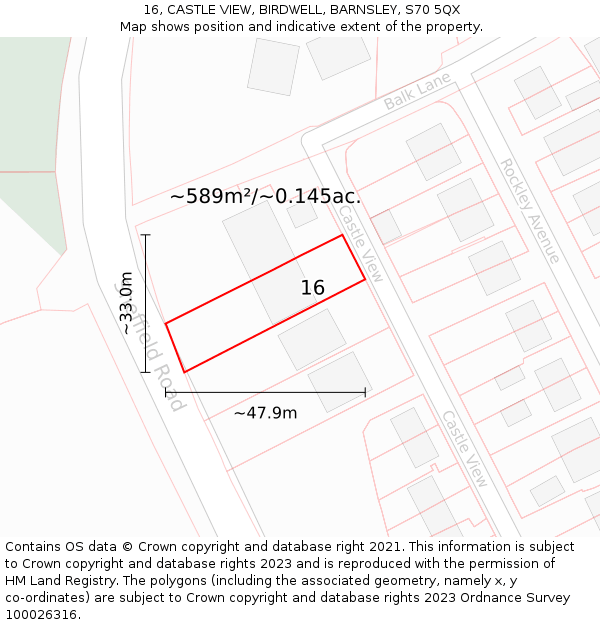 16, CASTLE VIEW, BIRDWELL, BARNSLEY, S70 5QX: Plot and title map