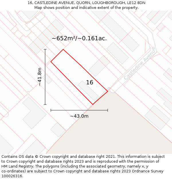 16, CASTLEDINE AVENUE, QUORN, LOUGHBOROUGH, LE12 8DN: Plot and title map