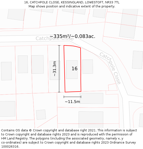 16, CATCHPOLE CLOSE, KESSINGLAND, LOWESTOFT, NR33 7TL: Plot and title map