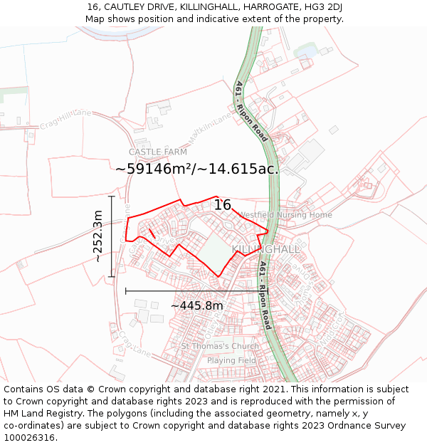 16, CAUTLEY DRIVE, KILLINGHALL, HARROGATE, HG3 2DJ: Plot and title map