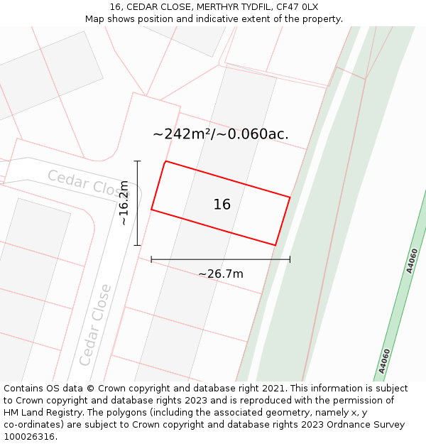 16, CEDAR CLOSE, MERTHYR TYDFIL, CF47 0LX: Plot and title map