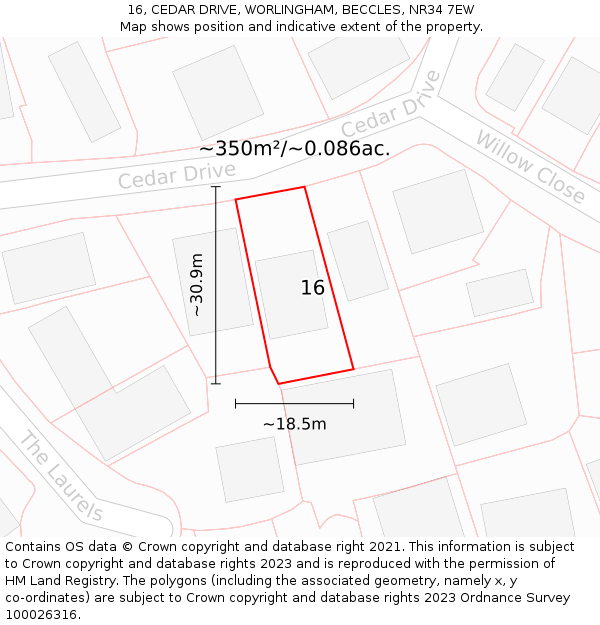 16, CEDAR DRIVE, WORLINGHAM, BECCLES, NR34 7EW: Plot and title map