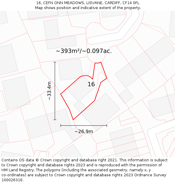 16, CEFN ONN MEADOWS, LISVANE, CARDIFF, CF14 0FL: Plot and title map