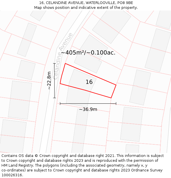 16, CELANDINE AVENUE, WATERLOOVILLE, PO8 9BE: Plot and title map