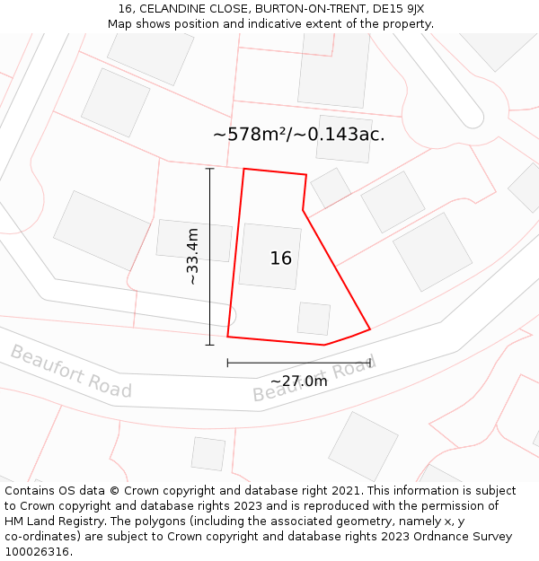 16, CELANDINE CLOSE, BURTON-ON-TRENT, DE15 9JX: Plot and title map