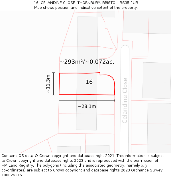 16, CELANDINE CLOSE, THORNBURY, BRISTOL, BS35 1UB: Plot and title map