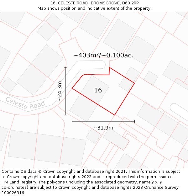 16, CELESTE ROAD, BROMSGROVE, B60 2RP: Plot and title map