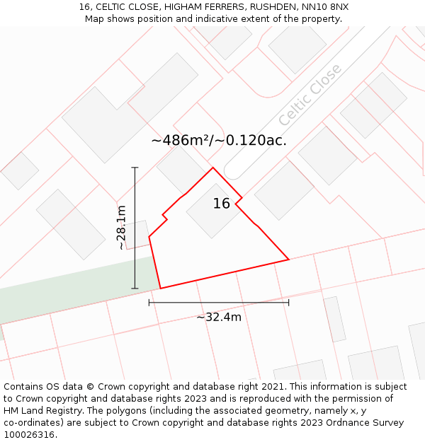 16, CELTIC CLOSE, HIGHAM FERRERS, RUSHDEN, NN10 8NX: Plot and title map