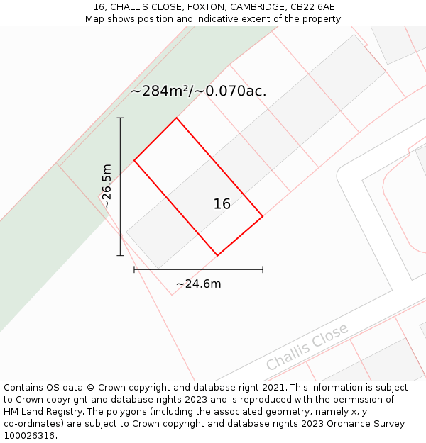 16, CHALLIS CLOSE, FOXTON, CAMBRIDGE, CB22 6AE: Plot and title map