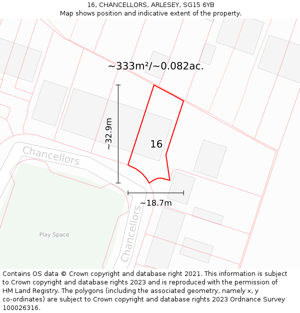 16, CHANCELLORS, ARLESEY, SG15 6YB: Plot and title map