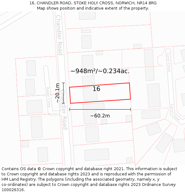 16, CHANDLER ROAD, STOKE HOLY CROSS, NORWICH, NR14 8RG: Plot and title map