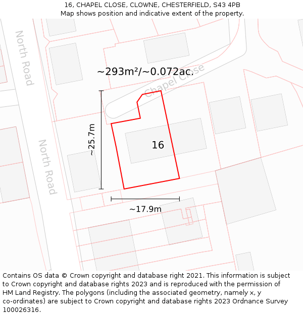 16, CHAPEL CLOSE, CLOWNE, CHESTERFIELD, S43 4PB: Plot and title map