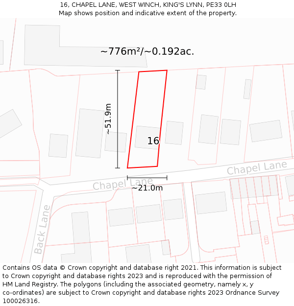 16, CHAPEL LANE, WEST WINCH, KING'S LYNN, PE33 0LH: Plot and title map