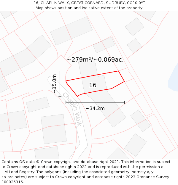 16, CHAPLIN WALK, GREAT CORNARD, SUDBURY, CO10 0YT: Plot and title map