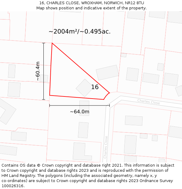 16, CHARLES CLOSE, WROXHAM, NORWICH, NR12 8TU: Plot and title map