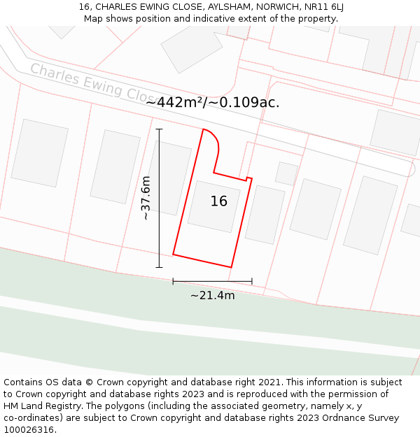 16, CHARLES EWING CLOSE, AYLSHAM, NORWICH, NR11 6LJ: Plot and title map