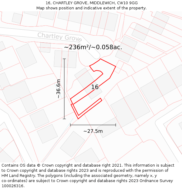 16, CHARTLEY GROVE, MIDDLEWICH, CW10 9GG: Plot and title map