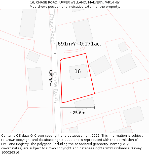 16, CHASE ROAD, UPPER WELLAND, MALVERN, WR14 4JY: Plot and title map