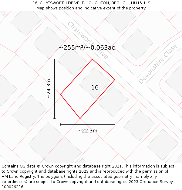 16, CHATSWORTH DRIVE, ELLOUGHTON, BROUGH, HU15 1LS: Plot and title map