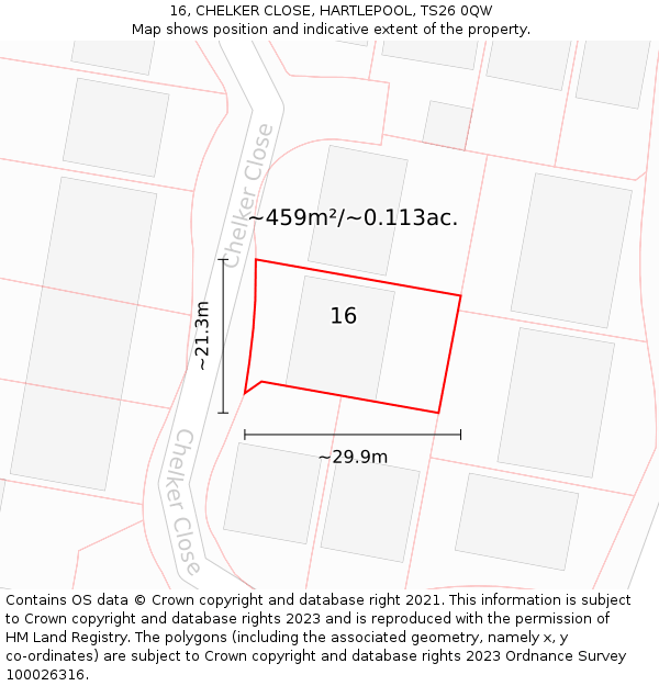 16, CHELKER CLOSE, HARTLEPOOL, TS26 0QW: Plot and title map