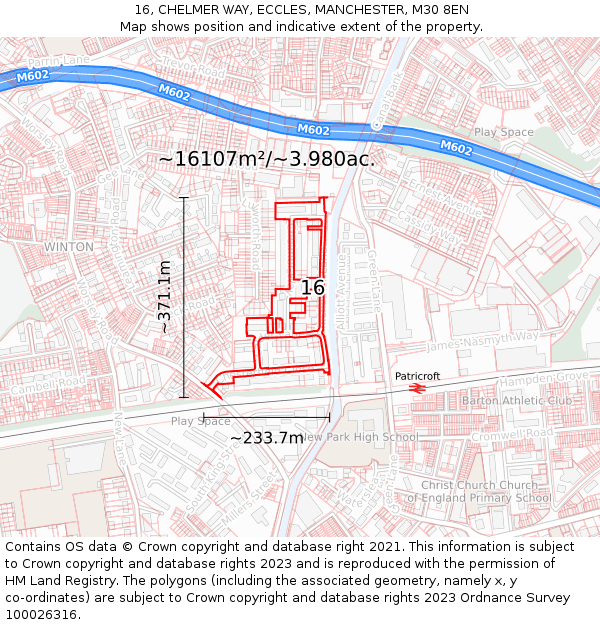 16, CHELMER WAY, ECCLES, MANCHESTER, M30 8EN: Plot and title map