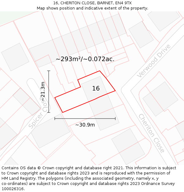16, CHERITON CLOSE, BARNET, EN4 9TX: Plot and title map