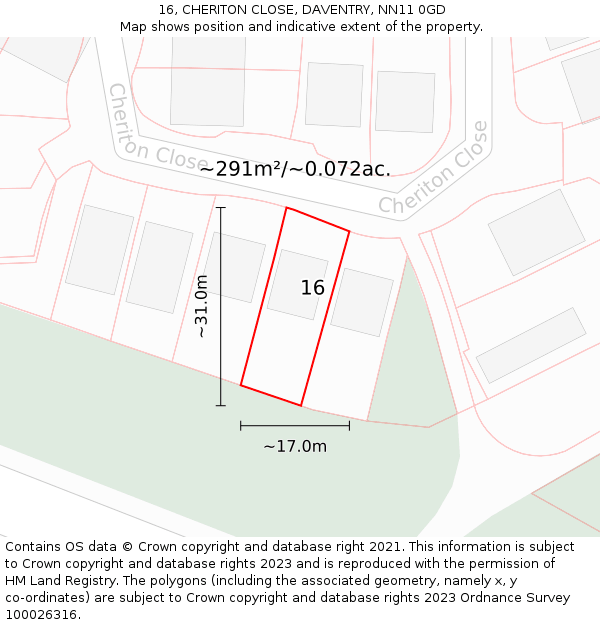 16, CHERITON CLOSE, DAVENTRY, NN11 0GD: Plot and title map