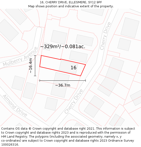 16, CHERRY DRIVE, ELLESMERE, SY12 9PF: Plot and title map