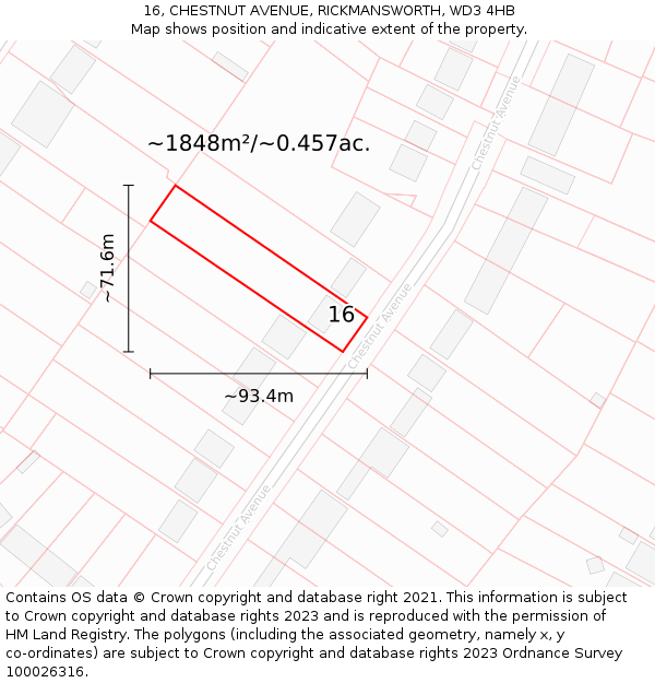 16, CHESTNUT AVENUE, RICKMANSWORTH, WD3 4HB: Plot and title map