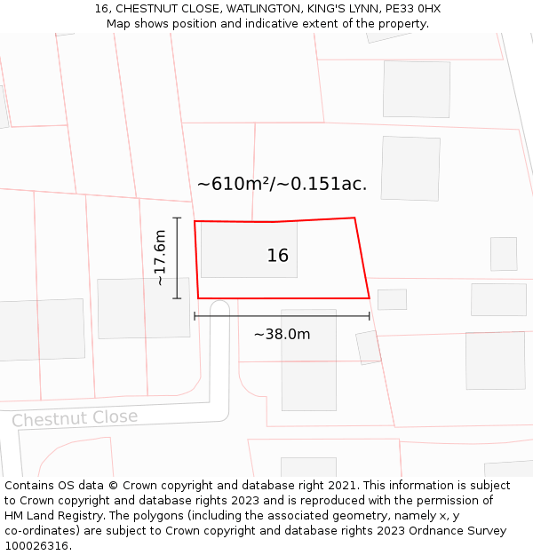 16, CHESTNUT CLOSE, WATLINGTON, KING'S LYNN, PE33 0HX: Plot and title map