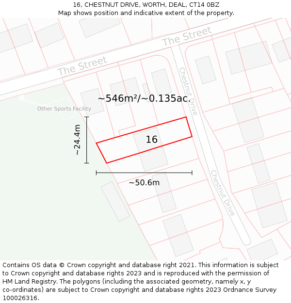 16, CHESTNUT DRIVE, WORTH, DEAL, CT14 0BZ: Plot and title map
