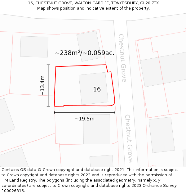 16, CHESTNUT GROVE, WALTON CARDIFF, TEWKESBURY, GL20 7TX: Plot and title map