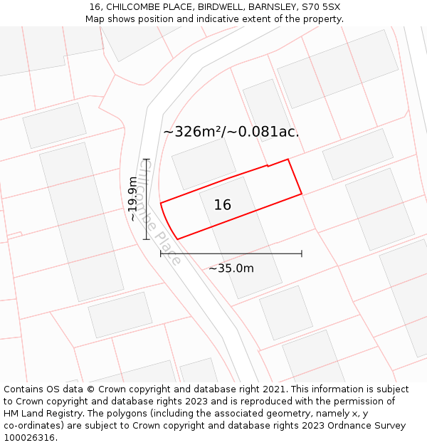 16, CHILCOMBE PLACE, BIRDWELL, BARNSLEY, S70 5SX: Plot and title map