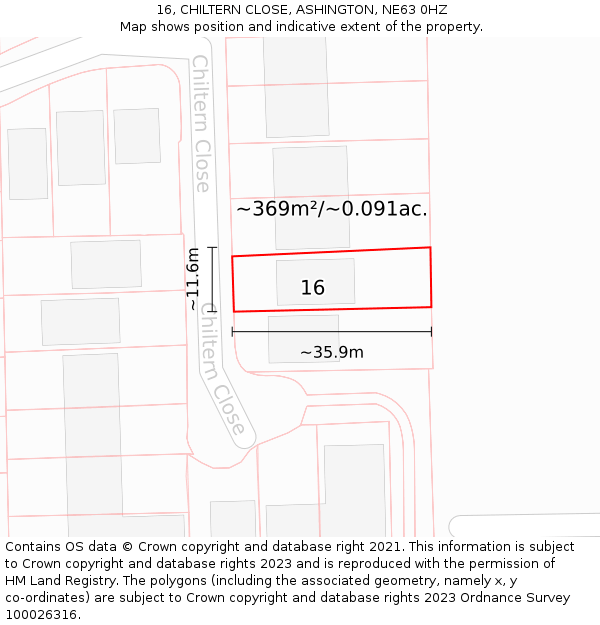 16, CHILTERN CLOSE, ASHINGTON, NE63 0HZ: Plot and title map