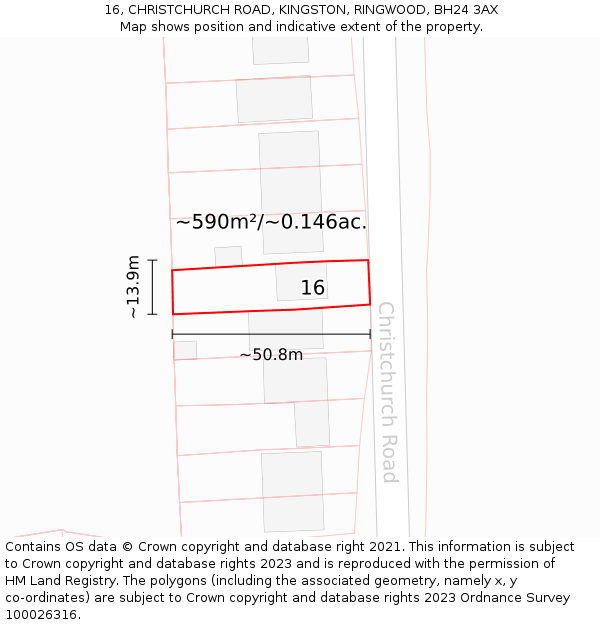16, CHRISTCHURCH ROAD, KINGSTON, RINGWOOD, BH24 3AX: Plot and title map