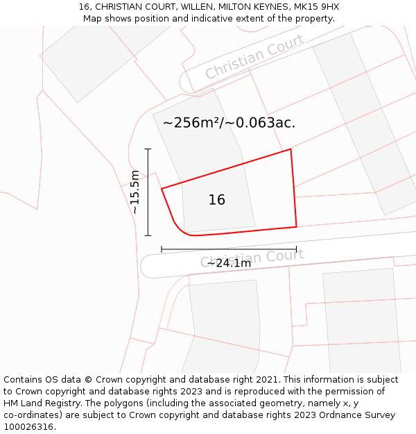 16, CHRISTIAN COURT, WILLEN, MILTON KEYNES, MK15 9HX: Plot and title map